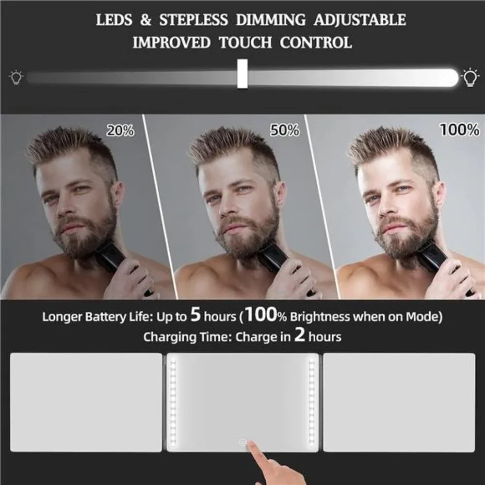 Rechargeable 3 Way Mirror, Real Glass Adjustable Trifold Mirror with Light